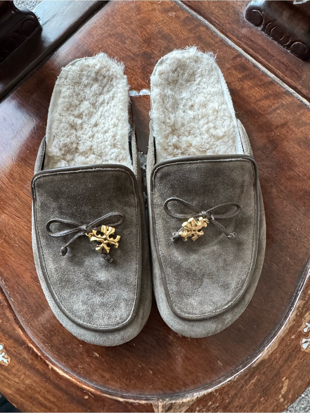 Tory Burch Suede Shearling Lined Slipper Mule - Olive
